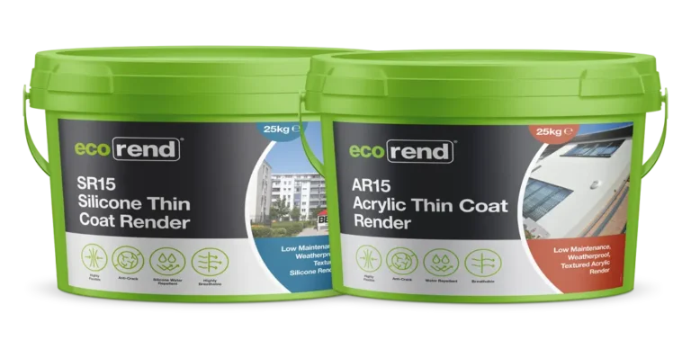 Two buckets of thin coat render made in the UK