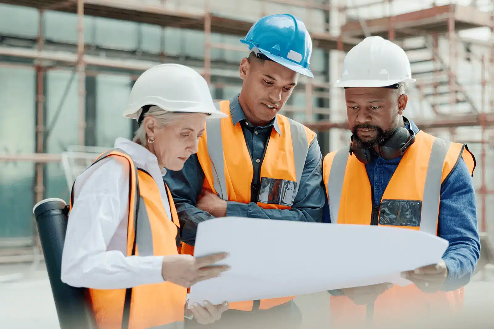 Construction workers discussing project plans.