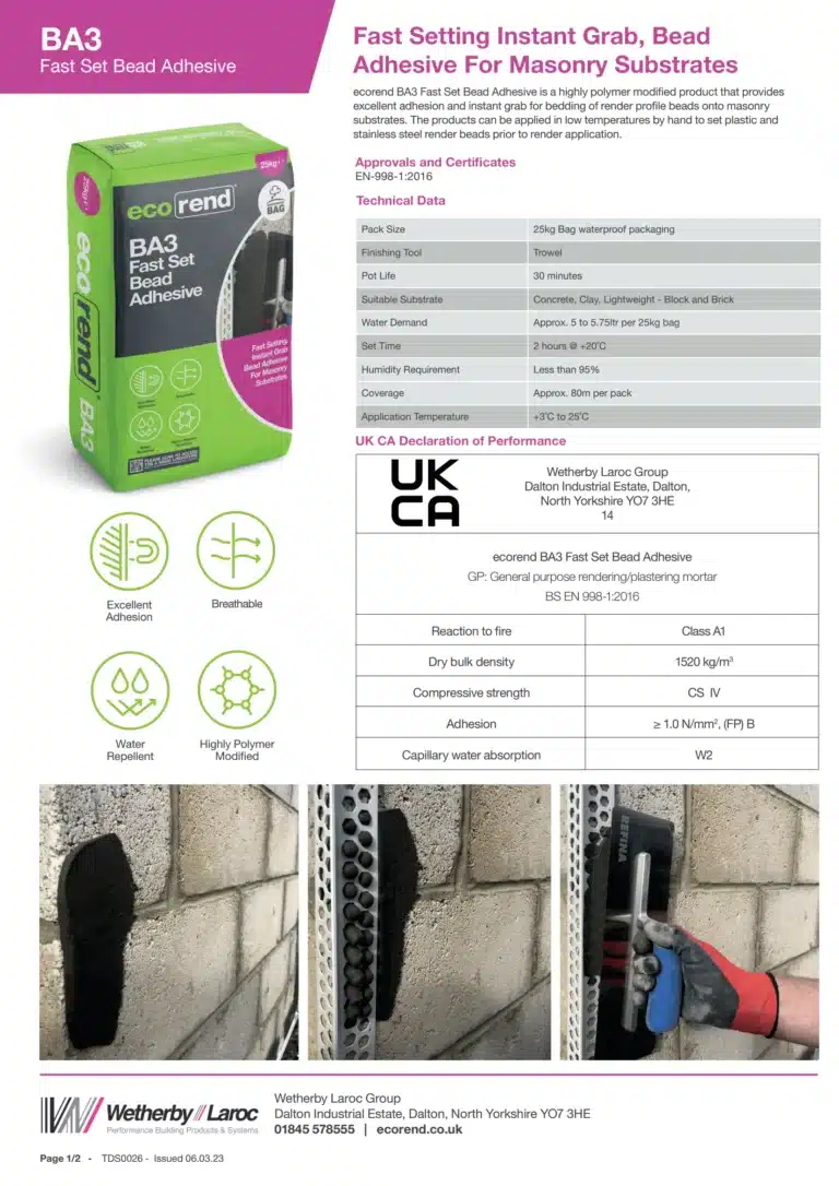 ecorend ba3 fast set bead adhesive technical data sheet