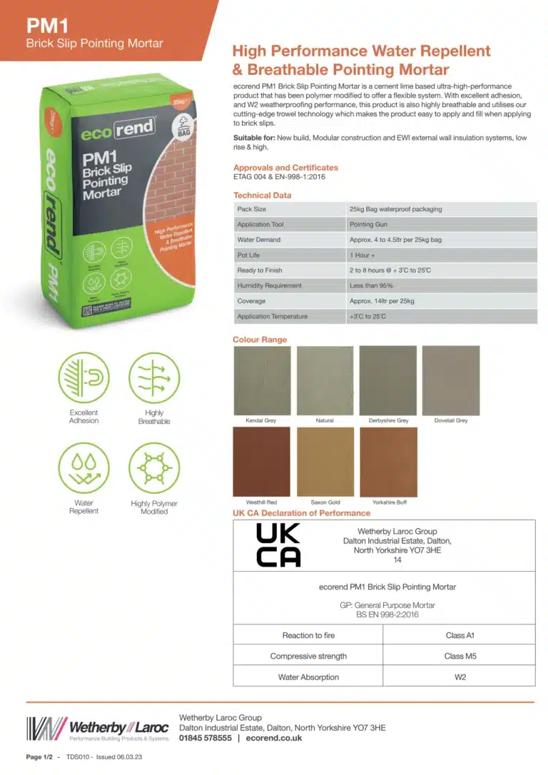 ecorend pm1 brick slip pointing mortar technical data sheet