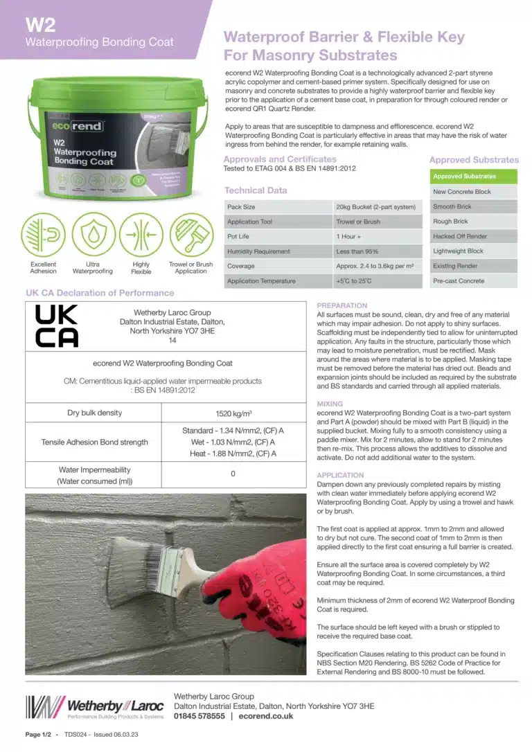 ecorend w2 waterproofing bonding coat technical data sheet