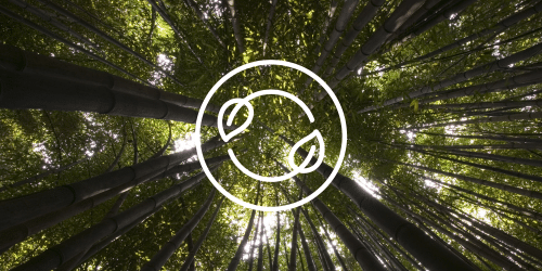 An environmental icon in a circle surrounded by trees