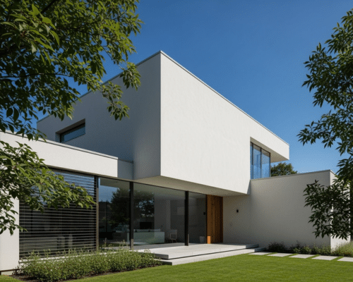 A modern rendered white house with a lawn and trees