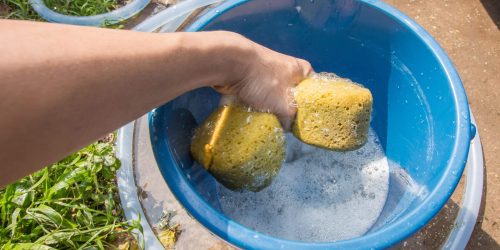 Render cleaning with sponge and detergent