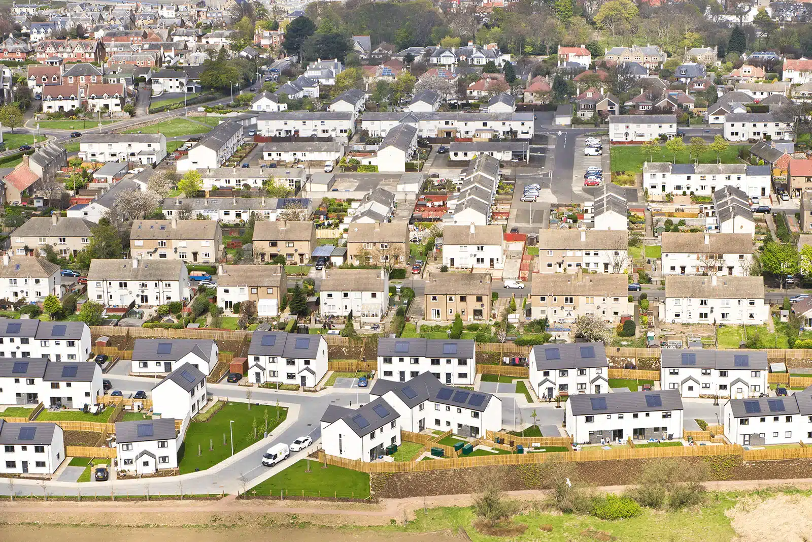Aerial view of suburban housing development.